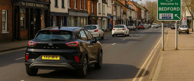 Vehicles queuing at traffic lights in bedford