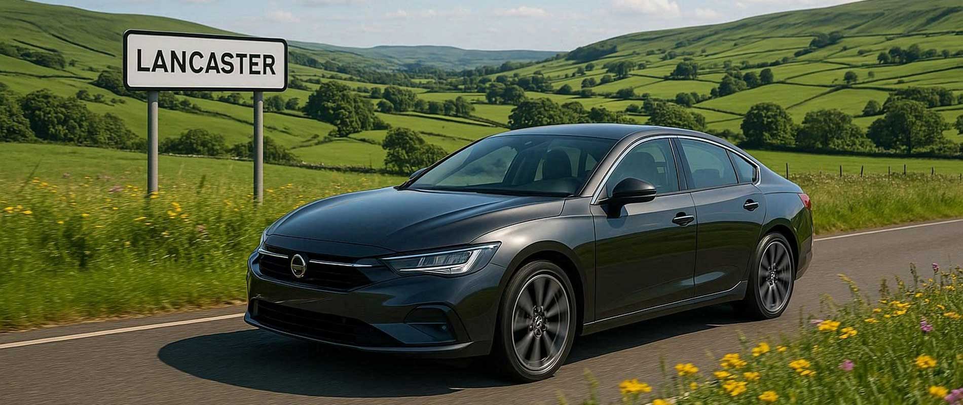 A white hatchback driving through suburbs of lancaster