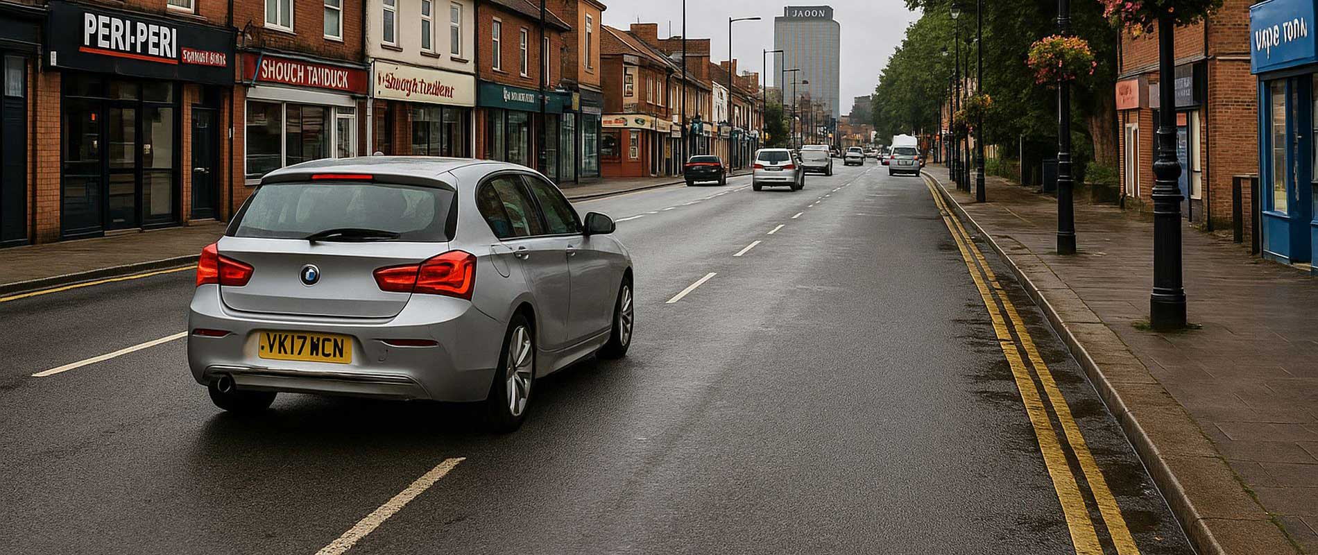 Vehicles driving along leafy residential streets in slough